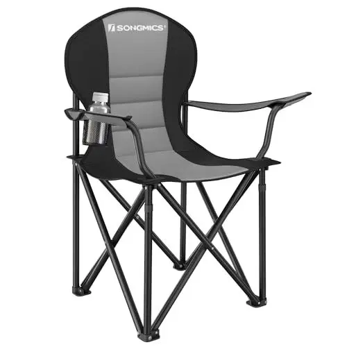 Produktbild: SONGMICS Strandstuhl, Campingstuhl, Klappstuhl mit Getränkehalter, Schaumstoffpolsterung, klappbar, bis 250 kg belastbar, Outdoor-Stuhl, grau-schwarz GCB006G01
