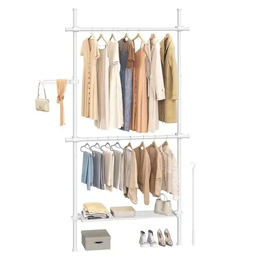 Produktbild: SONGMICS Teleskopstange Kleiderständer, 3-stufige Garderobe, höhen- und breitenverstellbar, offener Kleiderschrank mit 2 Kleiderstangen und abnehmbarer Ablage, Greifarm, mattweiß HSR136W01