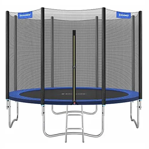 Produktbild: SONGMICS Trampolin Ø 305 cm, Gartentrampolin für Kinder mit Sicherheitsnetz, Randabdeckung, Leiter, 180 cm hohe gerade Stangen, Stahlrahmen, TÜV Rheinland GS-Zertifikat, blau STR10FT