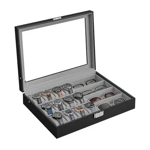 Produktbild: SONGMICS Uhrenbox, abschließbarer Uhrenkasten, Uhrenkoffer, Organizer für Uhren, mit 16 Fächern, Glasdeckel, Geschenk für die Liebsten, PU-Bezug in Schwarz, Samtfutter in Taubengrau JWB112G01