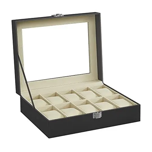 Produktbild: SONGMICS Uhrenbox mit 10 Fächern, Uhrenkasten, Glasdeckel, Uhrenkoffer, herausnehmbare Uhrenkissen, Metallverschluss, Geschenkidee, PU-Bezug in Schwarz, Innenfutter in Beige JWB010