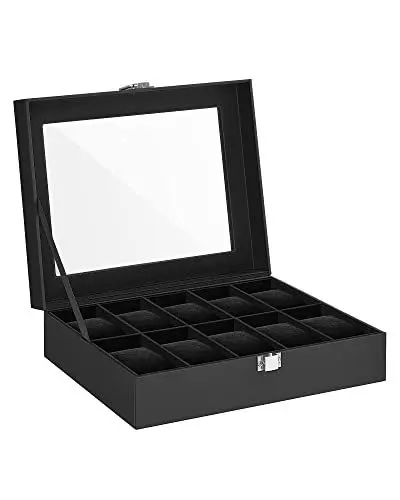Produktbild: SONGMICS Uhrenbox mit 10 Fächern, Uhrenkasten, Glasdeckel, Uhrenkoffer, herausnehmbare Uhrenkissen, Metallverschluss, Geschenkidee, PU-Bezug in Schwarz, Innenfutter in Schwarz JWB010B02