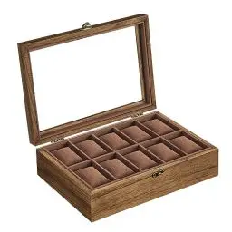 Produktbild: SONGMICS Uhrenbox mit 10 Fächern, Uhrenkasten aus Massivholz, mit Glasdeckel, Uhrenkissen, Geschenk für Ihre Liebsten, walnussfarben JOW100K01