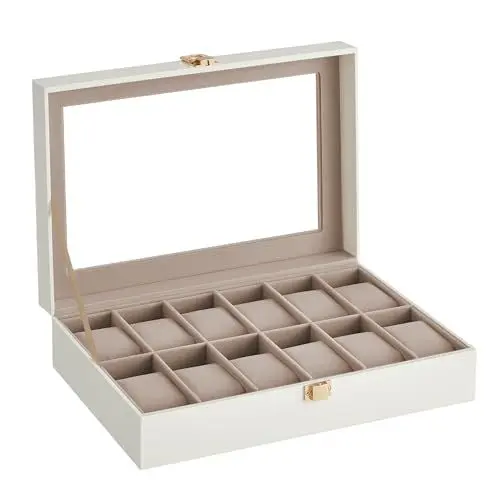 Produktbild: SONGMICS Uhrenbox mit 12 Fächern, Uhrenbox, Schatulle, Glasdeckel, abnehmbare Polster, Schloss aus Metall, Beschichtung in Wolkenweiß und Futter in Cappuccino-Beige JWB120W01