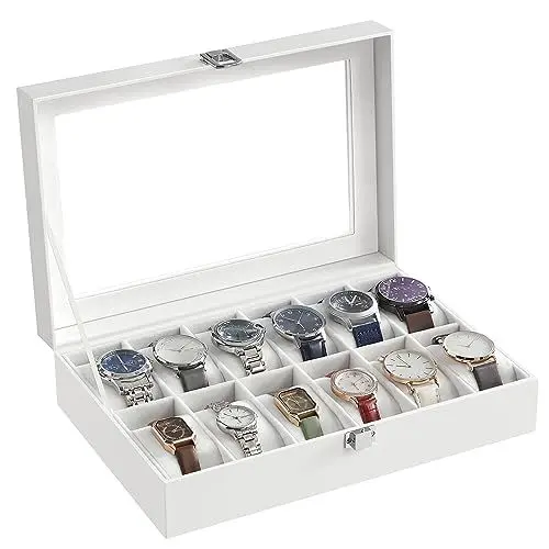 Produktbild: SONGMICS Uhrenbox mit 12 Fächern, Uhrenkasten, Glasdeckel, Uhrenkoffer mit herausnehmbaren Uhrenkissen, Premium-Uhrenschatulle, PU-Bezug in Weiß, Samtfutter in Weiß JWB202