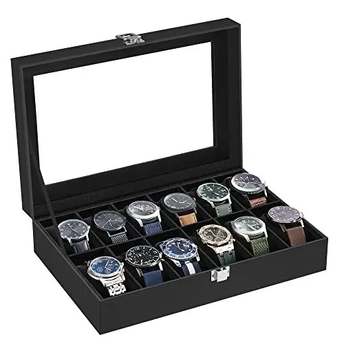 Produktbild: SONGMICS Uhrenbox mit 12 Fächern, Uhrenkasten mit Glasdeckel, Uhrenkoffer mit herausnehmbaren Uhrenkissen, Metallverschluss, Geschenkidee, PU-Bezug in Schwarz, Samtfutter in Schwarz JWB12B