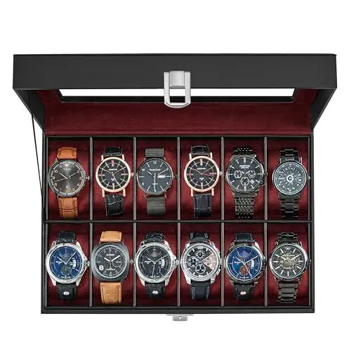 Produktbild: SONGMICS Uhrenbox mit 12 Fächern, Uhrenkasten mit Glasdeckel, Uhrenkoffer mit herausnehmbaren Uhrenkissen, Premium-Uhrenschatulle, PU-Bezug in Schwarz, Samtfutter in Weinrot JWB120R01