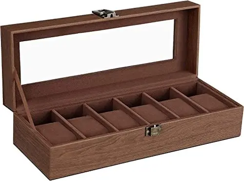 Produktbild: SONGMICS Uhrenbox mit 6 Fächern, Uhrenbox, Glasdeckel, abnehmbare Kissen, Schloss aus Metall, Beschichtung in Braun und Futter in Braun JWB006K01