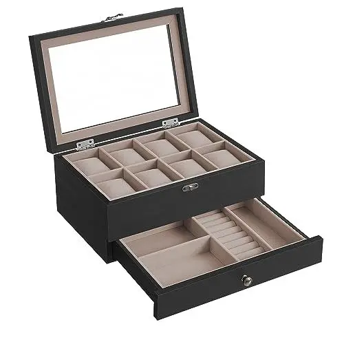 Produktbild: SONGMICS Uhrenbox mit 8 Fächern, Uhrenkasten aus Massivholz, mit Glasdeckel, Uhrenkissen, Schmuckaufbewahrung, Geschenk für Ihre Liebsten, ebenholzschwarz JOW008B01