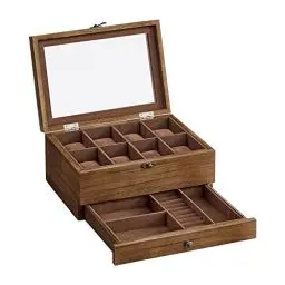 Produktbild: SONGMICS Uhrenbox mit 8 Fächern, Uhrenkasten aus Massivholz, mit Glasdeckel, Uhrenkissen, Schmuckaufbewahrung, Geschenk für Ihre Liebsten, walnussfarben JOW008K01