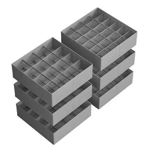 Produktbild: SONGMICS Unterwäsche-Organizer 6er Set, 120 Fächer (3x16+3x24), Schubladen-Organizer faltbar, Ordnungssystem Kleiderschrank, Aufbewahrungsboxen, Socken, Unterwäsche, Krawatten, taubengrau RUS011G02