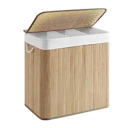 Produktbild: SONGMICS Wäschekorb 3 Fächer, 150 L Wäschesammler mit Deckel, Wäschebox Bambus, mit Griffen, faltbar, Wäschesack herausnehmbar maschinenwaschbar, Waschküche, naturfarben LCB091N01