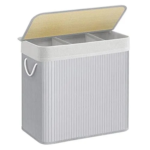 Produktbild: SONGMICS Wäschekorb 3 Fächer, 150 L Wäschesammler mit Deckel, Wäschebox Bambus, mit Griffen, faltbar, Wäschesack herausnehmbar maschinenwaschbar, Waschküche, grau LCB091G01