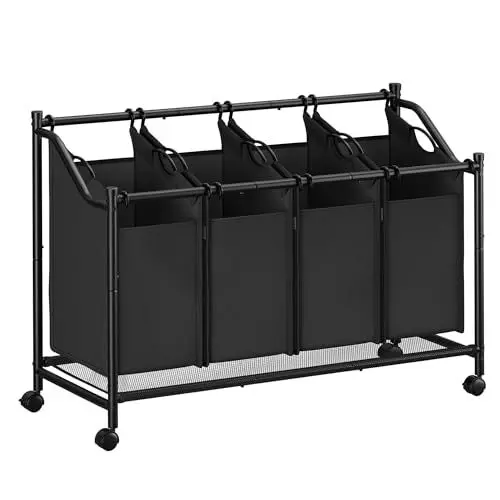 Produktbild: SONGMICS Wäschekorb mit Rollen, Wäschesammler mit 4 abnehmbaren Wäschesäcken, Wäschewagen, für Waschküche Schlafzimmer Badezimmer, 4 x 45 L, tintenschwarz RLS103B01