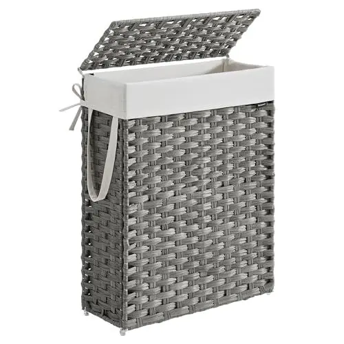 Produktbild: SONGMICS Wäschekorb schmal, Wäschesammler 55 L, Wäschebox aus synthetischem Rattan, mit Deckel und Griffen, geflochten, faltbar, herausnehmbarer Wäschesack, taubengrau LCB164G01