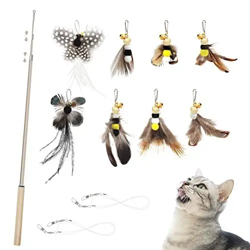 Produktbild: SONGWAY Interaktives Katzenspielzeug Feder - Katzenspielzeug Set mit 8 Insekt Natürliche Ersatzfedern mit Glocken, Katzenangel, Einziehbare Federstab Katze Spielzeug für Kätzchen und Katzen