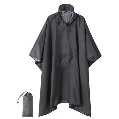 Produktbild: Sonhomay Wasserdichter Regenponcho 3 in 1 Poncho mit Kordelzug Kapuze Leichter Regenponcho für Wandern Camping Outdoor Radfahren für Erwachsene bis 1,9 m, grau, 20x10cm