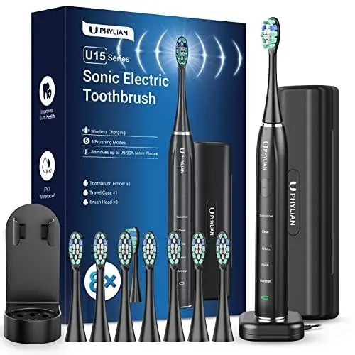 Produktbild: Sonic Elektrische Zahnbürste Schallzahnbürste für Whitening - PHYLIAN U15 Reise Zahnbürsten Elektrisch Schallzahnbürste,Electric Toothbrush Mit 8 kopf, 5 modi, Timer (Schwarz)