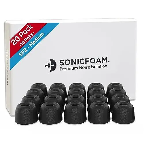 Produktbild: SONICFOAM Memory-Schaum-Ohrhörer-Aufsätze – Prämie Geräuschisolierung, Ersatz-Ohrhöreraufsätze aus Schaumstoff, 20 Stück für In-Ear-Kopfhörer (SF2 Mittel, Schwarz)