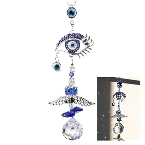 Produktbild: Sonnenfänger Kristall Fenster, Suncatcher Aus Edelstahl Lichtfänger Kristalle Zum Aufhängen Teufelsaugen-Muster Sun Catcher Mit Prisma Glaskristalle Anhänger Sonnenspiel Garten Deko Für Outdoor