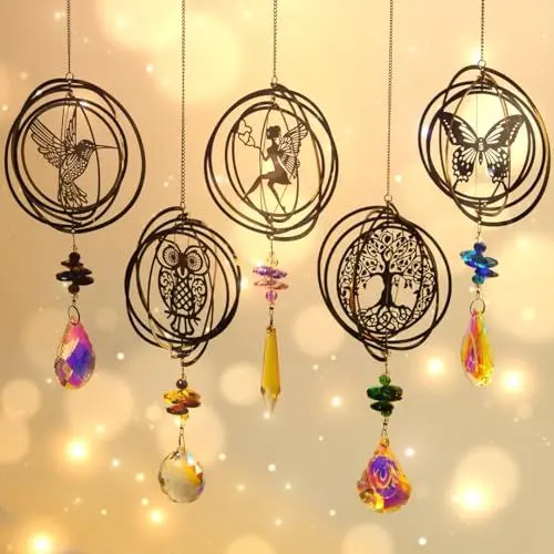 Produktbild: Sonnenfänger Kristall Windspiel,5 Stück Baum Eulen Kolibri Schmetterling Fee Kristall Anhänger Deko,Regenbogen Sonnenfänger Kristal,Fensterdeko Hängend für Zuhause Büro Garten Outdoor Deko