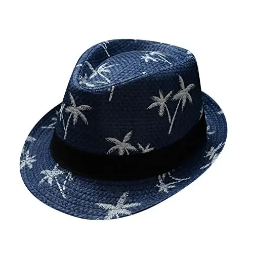 Produktbild: Sonnenhut Breite Krempe Stoff Eltern-Kind-Erwachsener-Strand-Wind-Reise-Druckpapier-Jazz-Hut-Küsten-Sonnenhut Rose Sonnenhüte (Dark Blue, One Size)