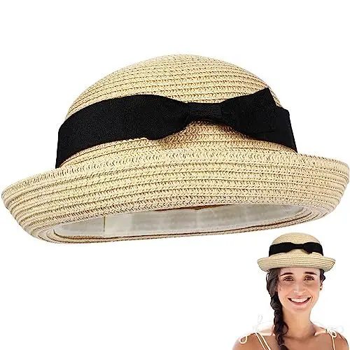 Produktbild: Sonnenhut Stroh Bogen Flap Fischer Hut Kuppel Sonnenschutz Strohhut Sonnenhut Krempe für Sommer Kinder Beach Reise Urlaub, Kopfumfang 54 cm, Für 3-8 Jahre