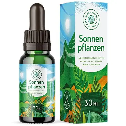Produktbild: Sonnenpflanzen Tropfen - 5.000 IE Vitamin D3 mit Vitamin K2, Chlorophyll und Omega 3 Algenöl - Laborgeprüfte Stabilität und Bioverfügbarkeit, hochdosiert mit Depotwirkung, flüssig - 30ml