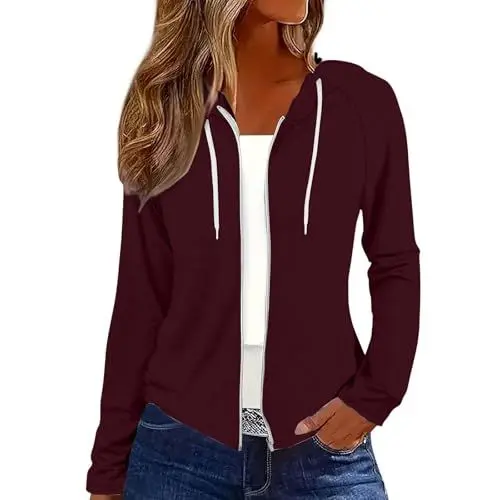 Produktbild: Sonnenschutz Zip Hoodie Bequeme Trainingsjacke Damen Frühlingsjacke Laufjacke Übergangsjacke Teenager Mädchen Women's Activewear Wanderjacke Sportjacke Eng Sweatjacke Outdoor Jacke (Wine, S)