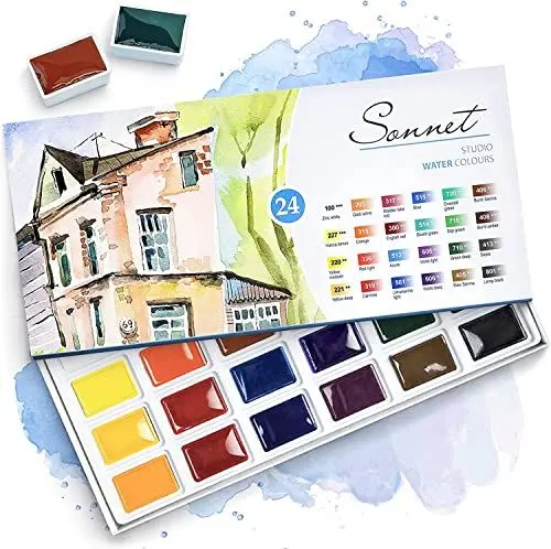 Produktbild: Sonnet Aquarellfarben Set – 24 kräftige Aquarell Wasserfarbkasten – Hochwertiger Künstler-Aquarellkasten - Hergestellt in St. Petersburg von Nevskaya Palitra