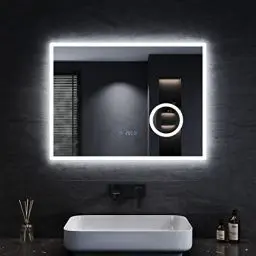 Produktbild: SONNI Badezimmerspiegel mit Beleuchtung 80x60 cm 3 einstellbare Lichtfarbe, Anti-Beschlag LED Badspiegel Lichtspiegel Wandspiegel mit Touchschalter, Uhr, Temperatur, 3-Fach Vergrößerung