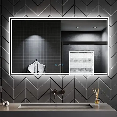 Produktbild: SONNI Badspiegel mit Beleuchtung 120x70 cm, 3 einstellbare Lichtfarben, Anti-Beschlag LED Badezimmerspiegel, LED Spiegel mit 5.0 Bluetooth und Uhr zeig, Wandspiegel mit 2 Touchschalter