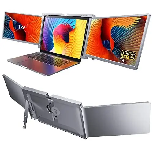 Produktbild: SOOMFON 14 Zoll Triple Monitor Screen Externer Tragbarer Monitor für Laptop Full HD 1080p IPS Panel EIN-Kabel-anschluss Bildschirm Erweiterung Funktioniert mit 15