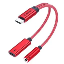 Produktbild: SOOMFON 2-in-1 USB C auf Klinke Adapter und Laden, Typ C 3,5mm Aux Kopfhörer Adapter mit DAC-Chip, PD 60W Schnellladung, für iPhone 15/15 Pro Max, Samsung S24/S23/S22, Huawei, Pixel usw. (Rot)