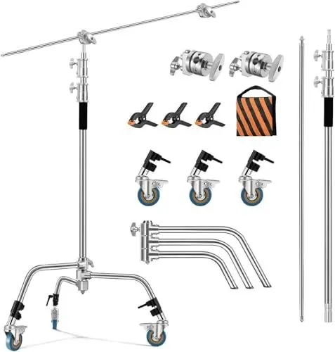 Produktbild: Soonpho C Stand 3m Edelstahl Heavy Duty mit Galgenstativ 330cm und 130cm Haltearm Kit,4 Grip Head Einstellbar,Lichtstativ,für,Softbox,Aufnahmestudio,Monolights,Fotoreflektoren,Flash,Kamera