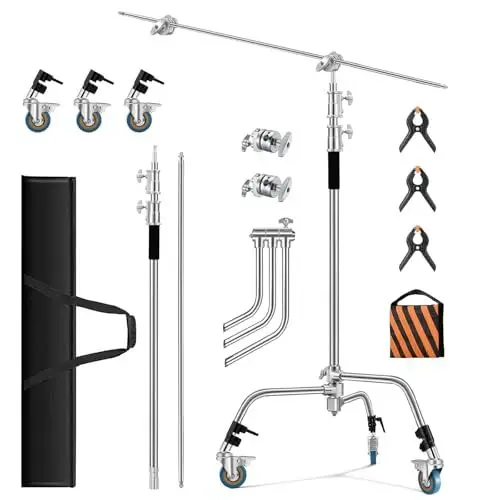 Produktbild: Soonpho C Stand Edelstahl Heavy Duty mit Galgenstativ 330 cm und 130cm Haltearm Kit,1 Grip Head Einstellbar,Lichtstativ,für Aufnahmestudio,Softbox,Monolights,Fotoreflektoren,Blitze,Kameras (Silber)