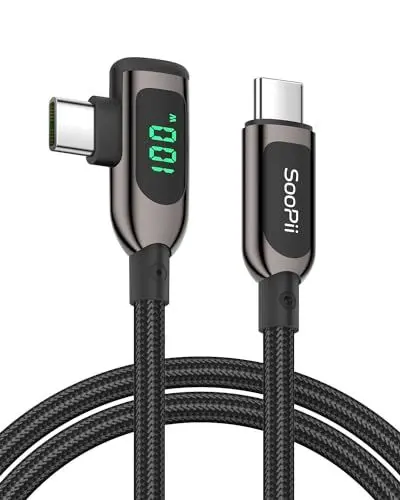 Produktbild: SooPii 100W rechtwinkliges USB C auf USB C Kabel mit LED Anzeige, 1,2 m langes geflochtenes USB C PD Ladekabel aus Zinklegierung und Nylon für lPhone 15, lPad Pro, MacBook Pro, Galaxy S23