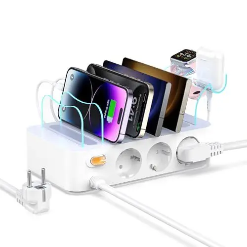 Produktbild: SooPii 60W 6-Port Ladestation für mehrere Geräte, 9-in-1 USB C Ladestation mit 1,8 m Netzkabel, 3 AC, 3 USB-C, 3 USB-A, inklusive 6 Mix-Kabeln für Tablets und andere elektronische Geräte