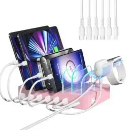 Produktbild: SooPii Ladestation für mehrere Geräte, 50W 6-Port Multi-USB-Ladestation mit 2-in-1 i-Watch-Ladehalterung und 6 Ladekabeln, entworfen für iPad, Mobiltelefone, Tablets und andere (Rosa)