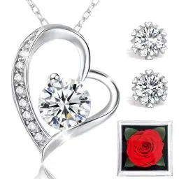 Produktbild: Ewige Echte Rose, Kette Damen mit Anhänger Herzkette Schmuck Ohrringe Silber 925 Geschenke für Geschenke Damen mit Valentinstag Muttertag Weihnachtsfeiertag Frauen Oma Ehefrau Jahrestag Geburtstag