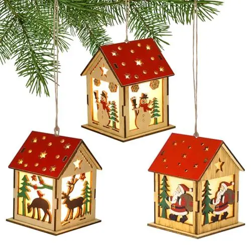 Produktbild: Sosayet Weihnachtsbaumschmuck Holz - 3 Stück Weihnachtshaus Beleuchtet - Christbaumschmuck Holz mit LED Licht - Weihnachtsdorf-Häuser Anhänger für Weihnachtsdeko