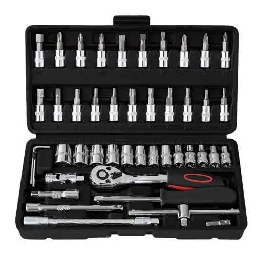 Produktbild: SOSINYA 46-teiliges Cr-V Maulschlüssel-Set mit Ratsche und Steckschlüssel, Ratsche, 1/4 Zoll, 72 Zähne, Maulschlüssel mit Werkzeugkoffer. Mechanisches Werkzeug für Auto, verchromt und