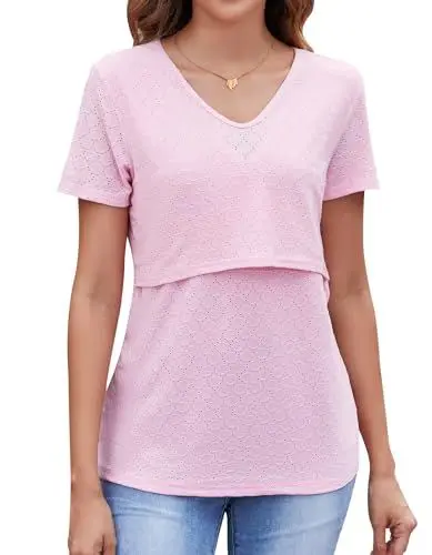 Produktbild: Sosolism Sommer Kurzarm Stilloberteile Still Tshirt für Damen Atmungsaktiv Stillen Top V Ausschnitt Stillbluse Rosa, Klein