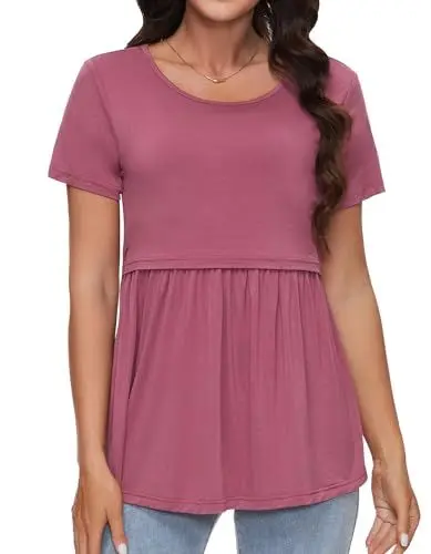 Produktbild: Sosolism Stillshirts Damen Weiches Stilltop Sommer Stilloberteile Kurzarm,Stumpfes Rot,Größe 2XL