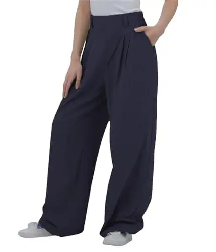 Produktbild: SotRong Leinenhose Damen Sommer Hose Weites Bein Baumwolle Leinen Sommerhose Elastisch Hohe Taille Freizeithose Strandhose Lang Leichte Loose Boho Hosen mit Taschen Bequeme Stoffhose Marineblau L