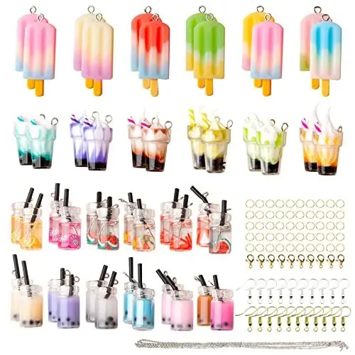 Produktbild: Souarts 48 Stück Anhänger aus Harz, Bonbon-Anhänger, Bär, Einhorn, Regenbogen, bunte Bonbon-Charms für Ohrringe, Armband, Halskette und Handwerk DIY