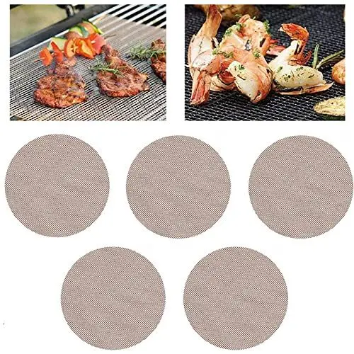 Produktbild: Souarts 5PCS Grill Netz Grillmatte Antihaft Wiederverwendbar, Eckig Rund Grillmatte für den BBQ Backzubehör zum Grillen für Gasgrill Holzkohle Backofen(Kaffee，φ30cm)
