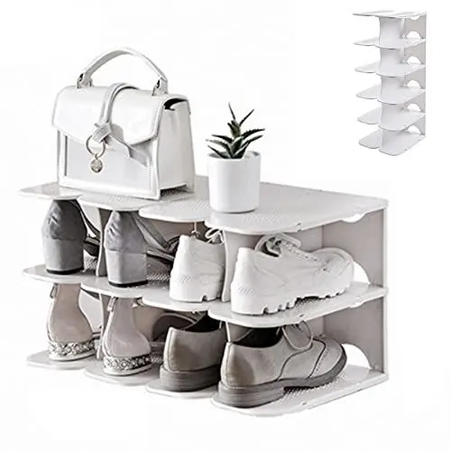 Produktbild: Souarts DIY Schuhregal Schmal/Breit, Stiefel Schuhe Hausschuhe Standregal Schuhschrank Schuhregale Organizer für Schrank Flur Schlafzimmer Eingang Schlafzimmer(Weiß，24 * 26.8 * 63cm)