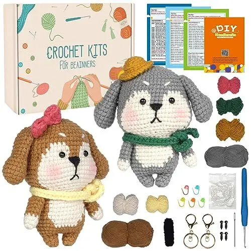 Produktbild: Souarts Komplett Häkelset für Anfänger Tiere Paare Freundschaft, Häckeln Stricken Set mit Anleitung Häkelnadeln Garn, Kreativ Strickset Bastelset für Erwachsene Kinder Geschenk (Braun&Grau Hunde)