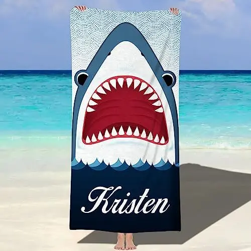 Produktbild: Souarts Personalisiert Microfaser Strandtuch Badetuch 152cmx76cm, Baumwolle Handtuch Stranddecke Strandlaken Sandfreie Schnell trocknende für Strand Reise Schwimmen(Dunkelblau Hai)